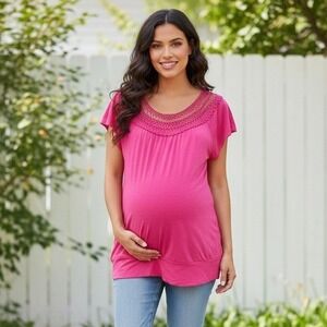 Robins Nest Maternity Top Medium Pink Crochet Round Neck Blouse Boho Lightweight